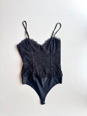 CAMI NYC Black Stretch Lace Bustier Thong Bodysuit, Size M